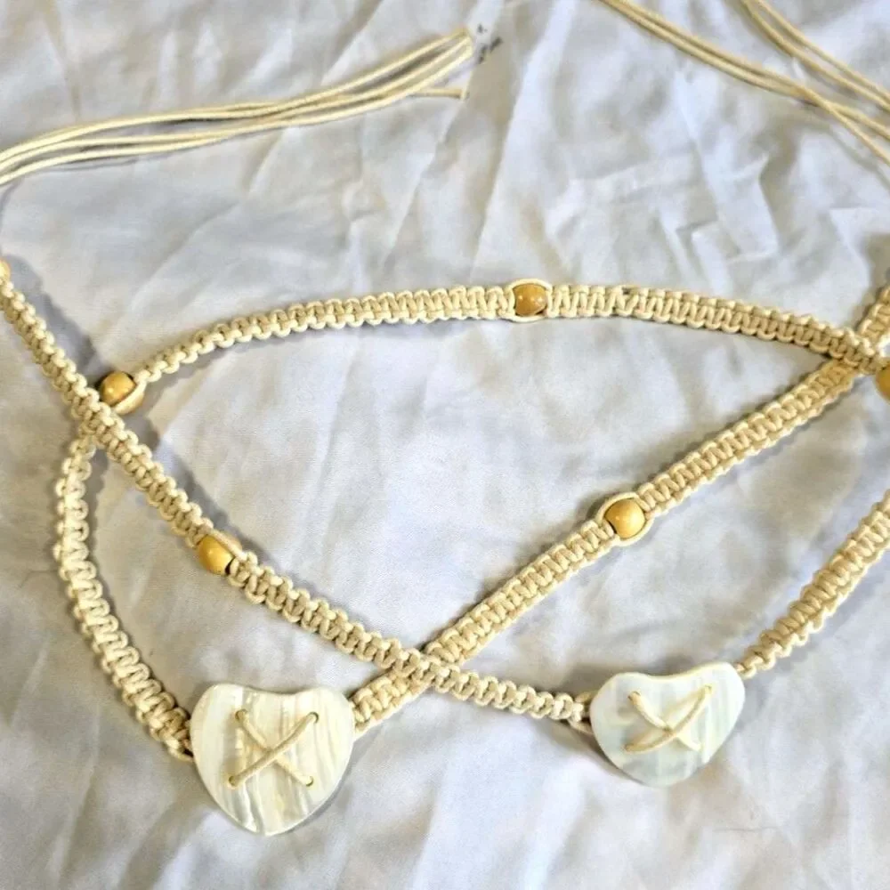 Vintage Macrame Waist Belt with Ivory Hearts
